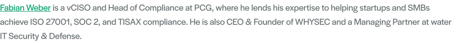 The Fabian Weber entry on Secureframe's 50 CISOs list, as served, describing him as CEO and Founder of WHYSEC.
